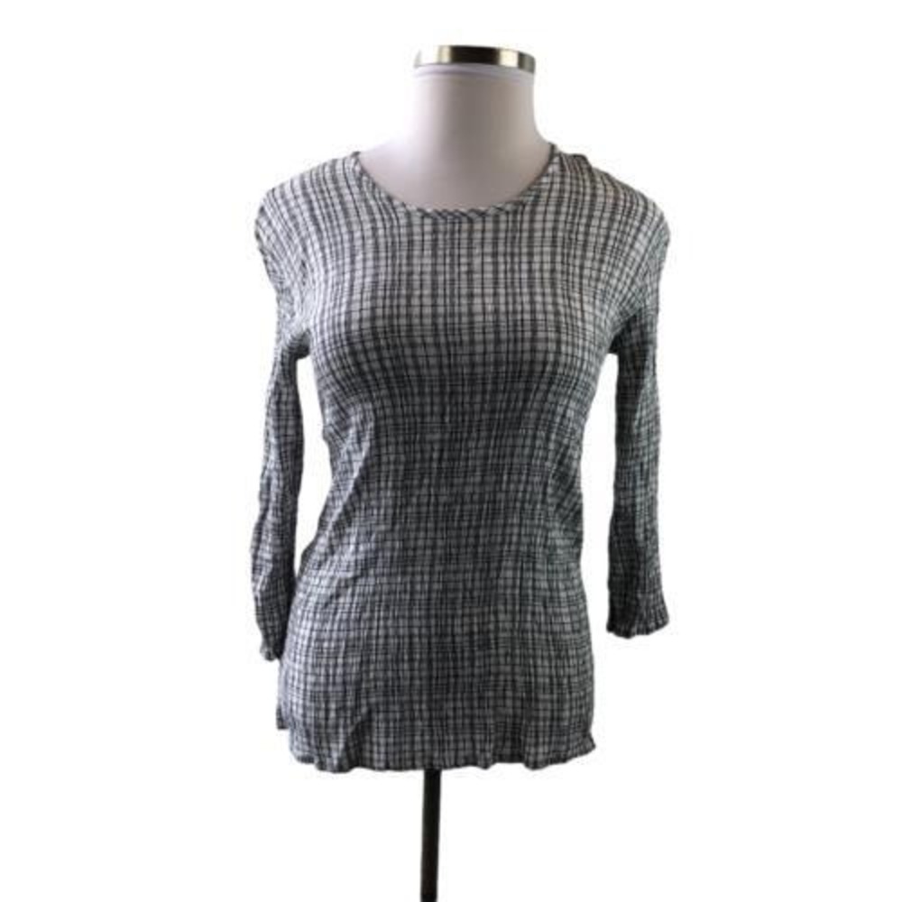 Flax Textured Crinkle Top White Black Plaid Large Minimalist Lightweight Stretch - Picture 7 of 9